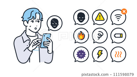 Simple vector icon illustration set material of smartphone trouble and young man Simple vector icon illustration set material of smartphone trouble and young man 111598079