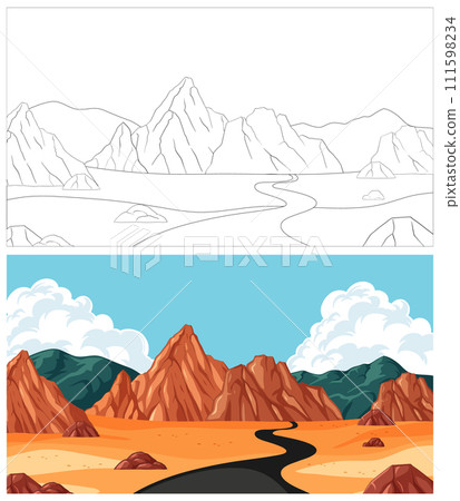 Desert Road and Mountain Landscape Illustration 111598234