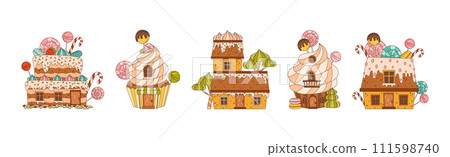 Sweet Candy House of Pastry and Sugary Glazing Vector Set 111598740