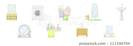 Bathroom Object with Washing Machine, Rail, Mirror and Sink Vector Set Bathroom Object with Washing Machine, Rail, Mirror and Sink Vector Set 111598794