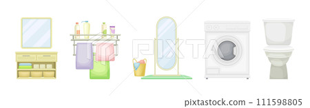 Bathroom Object with Toilet Bowl, Washing Machine, Mirror and Rail Vector Set 111598805