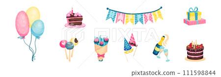 Cake with Candles, Gift Box and Lollipop as Birthday Object Vector Set 111598844