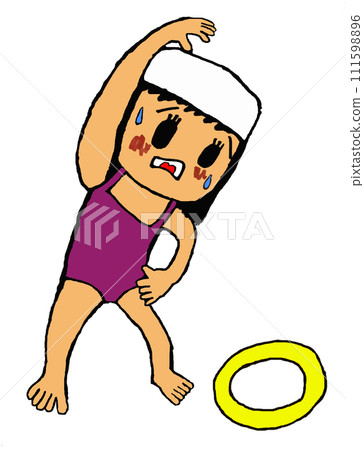 A girl in a swimsuit doing warm-up exercises before entering the sea A girl in a swimsuit doing warm-up exercises before entering the sea 111598896