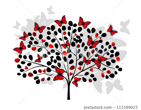 Tree with butterflies and hearts. hand drawing. Not AI, Vector illustration 111599025