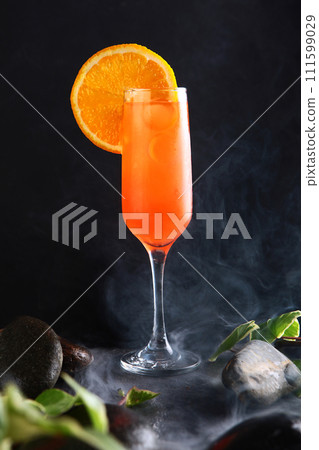 An alcoholic cocktail made of orange juice with bitter campari and decorated with an orange slice. Campari orange cocktail. The bar card. 111599029