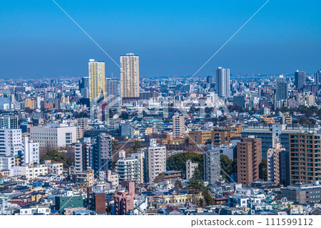 Tokyo cityscape in Japan, overlooking Nippori Station and the tower apartment complex in front of the station (back left) 111599112