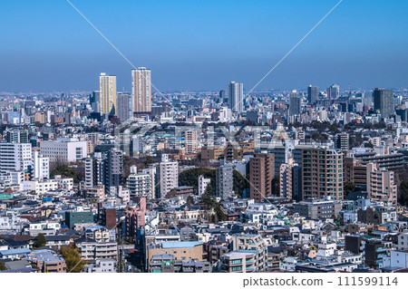 Tokyo cityscape in Japan, overlooking Nippori Station and the tower apartment complex in front of the station (back left) Tokyo cityscape in Japan, overlooking Nippori Station and the tower apartment complex in front of the station (back left) 111599114