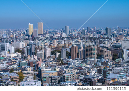 Tokyo cityscape in Japan, overlooking Nippori Station and the tower apartment complex in front of the station (back left) Tokyo cityscape in Japan, overlooking Nippori Station and the tower apartment complex in front of the station (back left) 111599115