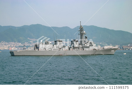 Maritime Self-Defense Force destroyer anchored off the coast of the port 111599375