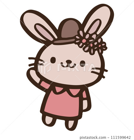 cute Cartoon rabbit wearing a pink coqutte shirt stand and wave hello. Easter day 111599642