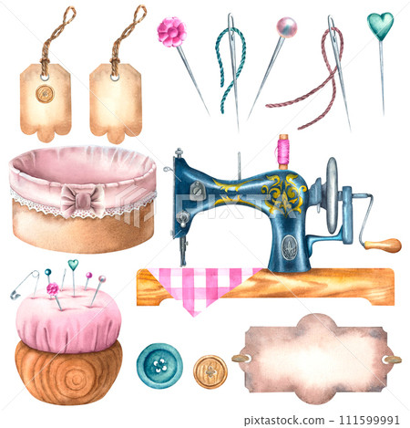 Vintage set of sewing tools. Hand drawn watercolor illustration of sewing machine, storage box, craft paper tag labels, pincushion on an isolated background. Set of sewing accessories for your design. Vintage set of sewing tools. Hand drawn watercolor illustration of sewing machine, storage box, craft paper tag labels, pincushion on an isolated background. Set of sewing accessories for your design. 111599991