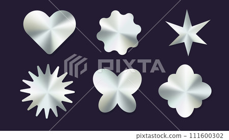 Holographic y2k future metal badge, stamp, trndy coloded sticker set heart and abstract shapes. Silver foil tag collection 111600302