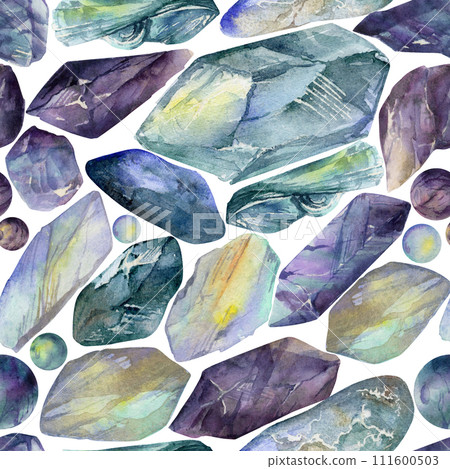 Hand drawn watercolor illustration precious jewel gem crystal chakra birth stone. Amethyst aquamarine moonstone lapis. Seamless pattern isolated white background. Design print, shop, jewelry, fashion 111600503