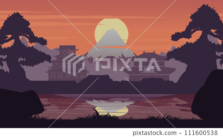 Silhouette design of landscape view of japan on sunset time Silhouette design of landscape view of japan on sunset time 111600538