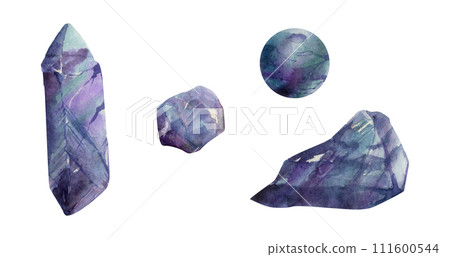 Hand drawn watercolor illustration precious semiprecious jewel gem crystal chakra birth stone. Amethyst fluorite purple. Set of objects isolated white background. Design print, shop, jewelry, fashion 111600544