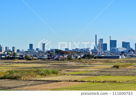 當你沿著荒川河岸行駛時,埼玉新都心站周圍的摩天大樓突然出現在稻田中。 當你沿著荒川河岸行駛時,埼玉新都心站周圍的摩天大樓突然出現在稻田中。 111600783