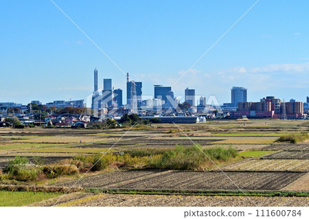 當你沿著荒川河岸行駛時,埼玉新都心站周圍的摩天大樓突然出現在稻田中。 當你沿著荒川河岸行駛時,埼玉新都心站周圍的摩天大樓突然出現在稻田中。 111600784