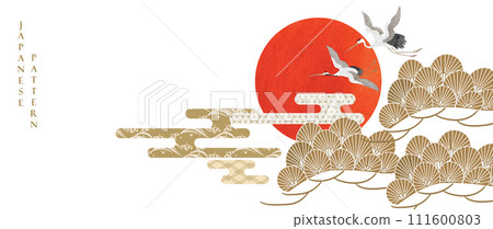 Japanese background with hand drawn bamboo vector. Peony flower, hand drawn wave chinese cloud decorations in vintage style. Crane birds element with art abstract banner design. Red sun. 111600803