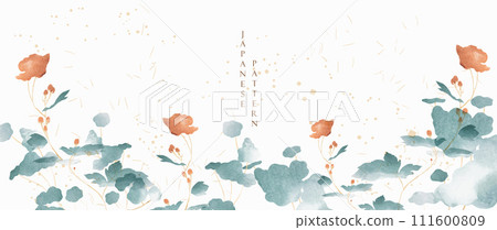 Set of hand drawn branch of flower with Japanese pattern vector. Oriental decoration with logo design, flyer or presentation in vintage style. 111600809