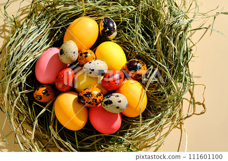 Easter eggs in pink, yellow and orange colors in a nest of grass. Easter eggs in pink, yellow and orange colors in a nest of grass. 111601100
