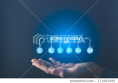Businessman holding logistics and supply chain icons. Logistics and supply chain management concept. 111601441