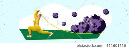 Banner. Contemporary art collage. Young chubby woman doing active exercises with fresh and healthy blueberries. Nutrition and sport. 111601536