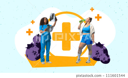 Contemporary art collage. Chubby woman in fitness uniform drinks water and doctor examine X-ray. Medicine check up and healthy lifestyle. 111601544