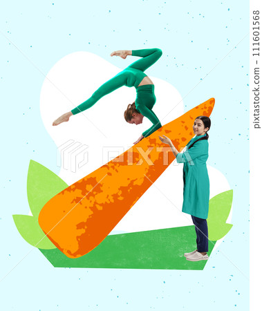 Contemporary art collage. Athletic woman performing their skills in yoga posing on huge slice of carrot which holds doctor. healthy lifestyle and balance. 111601568