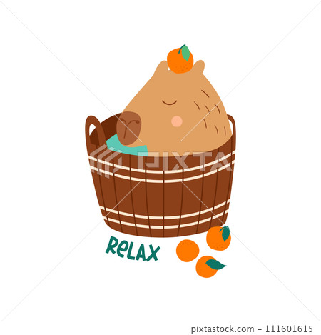 Cute capybara bathing in water. Vector funny animal, text Relax, childish isolated element, sticker Cute capybara bathing in water. Vector funny animal, text Relax, childish isolated element, sticker 111601615