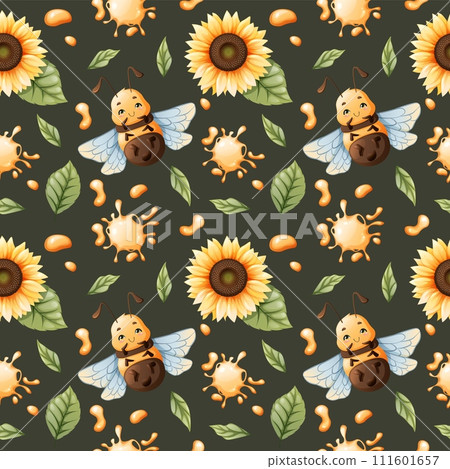 Seamless pattern with honey bees with flowers and honey. Children s fabric design. Summer illustration. Sweet bee floral print. 111601657