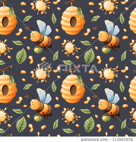 Seamless pattern with honey bees with flowers, beehive and honey. Children s fabric design. Summer illustration. Sweet bee floral print. 111601658