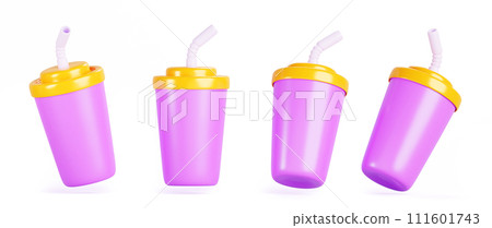 3d set of color plastic cup icons with straw and lid. Isolated empty packaging template for cold summer drinks, ice tea or coffee, fresh beverages, juice, soda, lemonade render mockup. 3D illustration 111601743