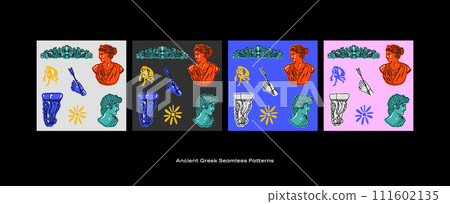 Ancient Greek Hand drawn Seamless Pattern Set with sculptures 111602135