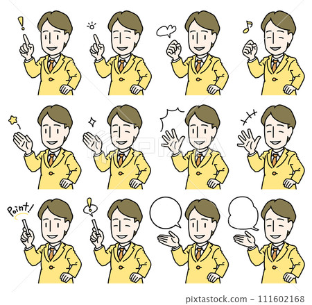 A yellow set of a young man wearing a suit who shows something with his hands while putting his hands on his waist and explaining while doing a fist pump. 111602168