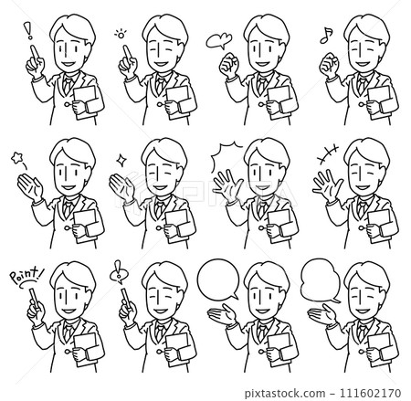 A line drawing of a young man wearing a suit holding a clipboard while pointing out points and giving explanations with his hands. 111602170