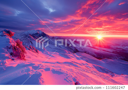 Dawn Breaks Over Snowy Mountains Peak Dawn Breaks Over Snowy Mountains Peak 111602247
