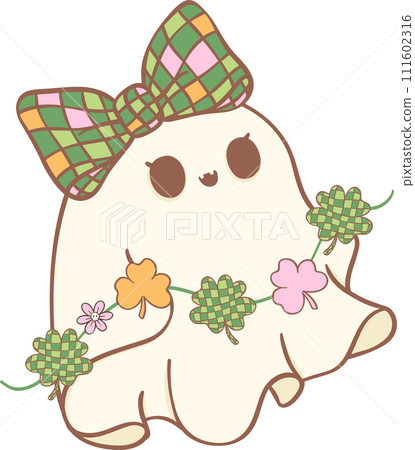 Groovy Retro St. Patrick Ghost, Cute Kawaii Hand Drawing 111602316