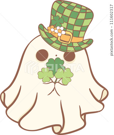 Groovy Retro St. Patrick Ghost, Cute Kawaii Hand Drawing 111602317