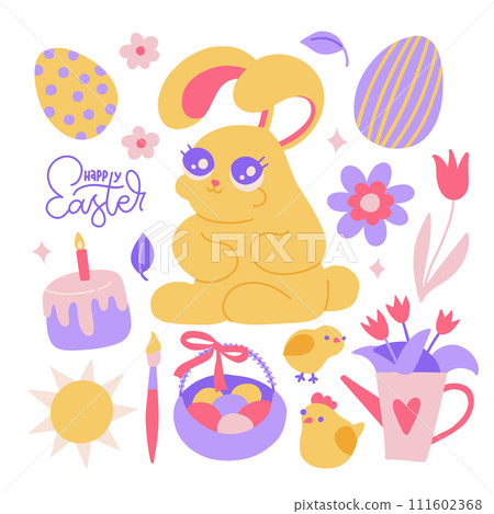 Cute set of Easter elements with rabbit, eggs, flowers, chick. Vector flat hand drawn illustration for greeting cards, posters,ad 111602368