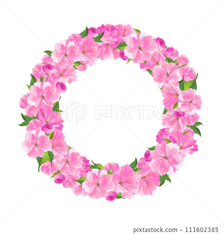 Spring wreath with cherry blossoms. Place for text. Hanami Festival. Blooming Sakura, Ume plum. Spring pink flowers. 111602385