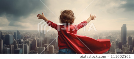 AI-generated content. happy little boy with red cape and raised arms on city background 111602561