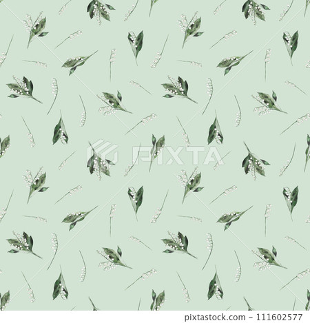 Floral pattern spring lily of the valley. Watercolor seamless background flowers. Cute Print for textile design or wallpaper. Hand drawn illustration with flowers, buds, leaves and stems. Floral pattern spring lily of the valley. Watercolor seamless background flowers. Cute Print for textile design or wallpaper. Hand drawn illustration with flowers, buds, leaves and stems. 111602577