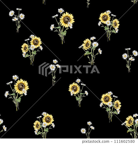 Watercolor seamless pattern with bouquet of daisy and sunflower flowers. Watercolor hand drawing illustration on isolated white background. White and yellow summer botanical floral plants. Watercolor seamless pattern with bouquet of daisy and sunflower flowers. Watercolor hand drawing illustration on isolated white background. White and yellow summer botanical floral plants. 111602580