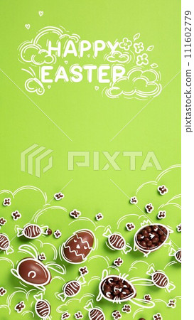Colorful creative vertical design with chocolate eggs, doodles and Happy Easter text on green background Colorful creative vertical design with chocolate eggs, doodles and Happy Easter text on green background 111602779