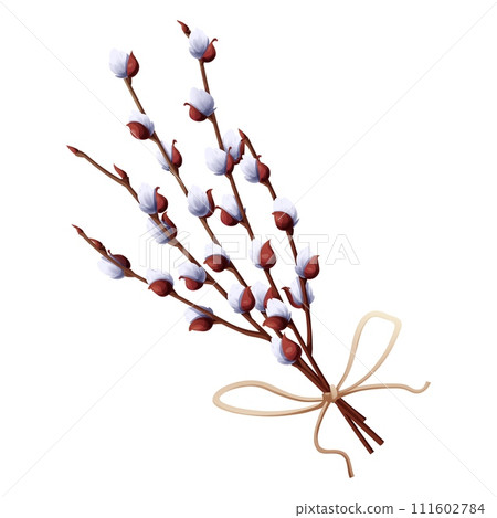Bouquet of willow branches on an isolated background for Easter. Vector illustration for the design of cards, posters, flyers for the holiday. Spring time. 111602784