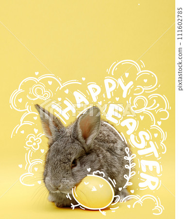 Creative design with bunny and decorated egg on yellow background with doodles. Promotional poster for Easter celebration 111602785