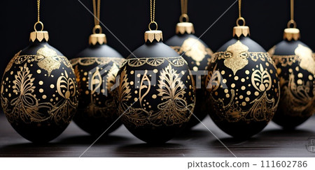 AI-generated content. Elegant Christmas Tree Ornament Sets in a stunning black and gold color scheme, beautifully displayed against a black backdrop. 111602786