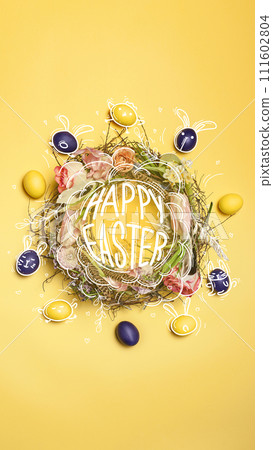 Easter wreath with flowers and decorated eggs on yellow background. Design for an Easter-themed events Easter wreath with flowers and decorated eggs on yellow background. Design for an Easter-themed events 111602804