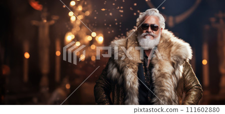 AI-generated content. Santa Claus in a luxurious fur-trimmed coat, striking a pose with a sparkling backdrop AI-generated content. Santa Claus in a luxurious fur-trimmed coat, striking a pose with a sparkling backdrop 111602880