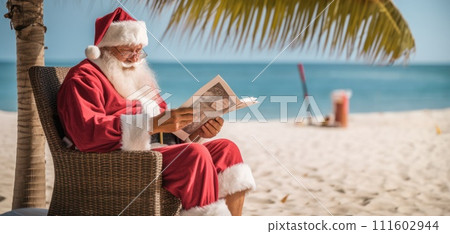 AI-generated content. Santa Claus sitting in a cozy beach chair, reading the book by the sea on tropical island  111602944
